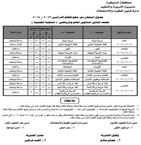 جدول 2 ثانوى علمى المنوفية