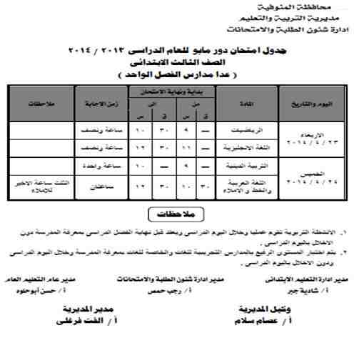 جدول 3 ابتدائى المنوفية