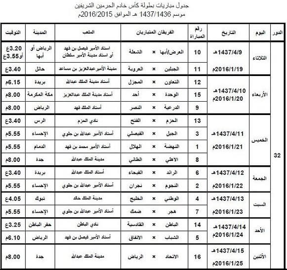 جدول مباريات كاس الملك السعودى 2016-1437