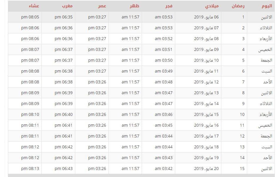 إمساكية رمضان 2019 بالمملكة السعودية