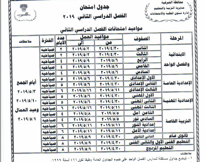 جدول امتحانات الترم الثاني 2019 بالشرقية