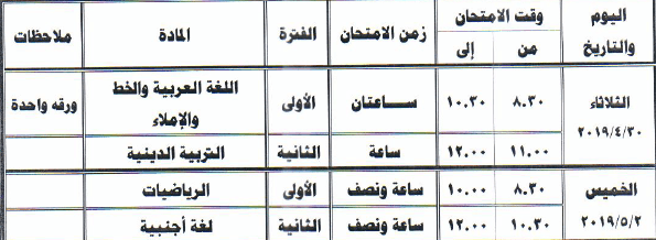 جدول امتحانات الصف الثالث الابتدائي