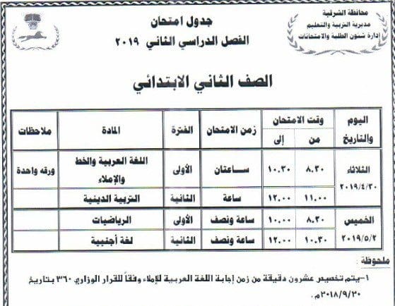 جدول امتحانات الصف الثاني الابتدائي محافظة الشرقية جدول امتحانات الصف الثاني الابتدائي محافظة الشرقية