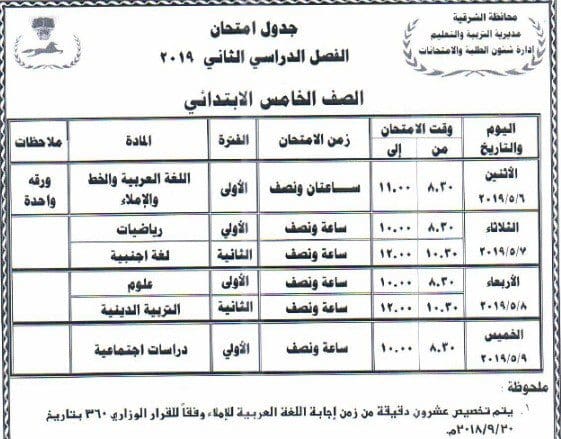 جدول امتحانات الصف الخامس الابتدائي محافظة الشرقية