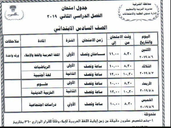 جدول امتحانات الصف السادس الابتدائي محافظة الشرقية