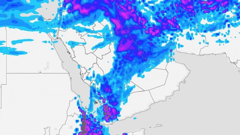صورة توضح الأمطار التراكمية الرعدية على وسط وشرق المملكة وجنوبها